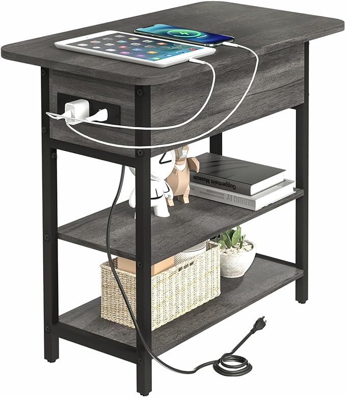 Yoobure End Table with Charging Station, Flip Top Side Table with USB Ports and Outlets, Sofa Couch Table Bedside Table for Living Room Bedroom, Narrow Nightstand with Storage Shelves for Small Space