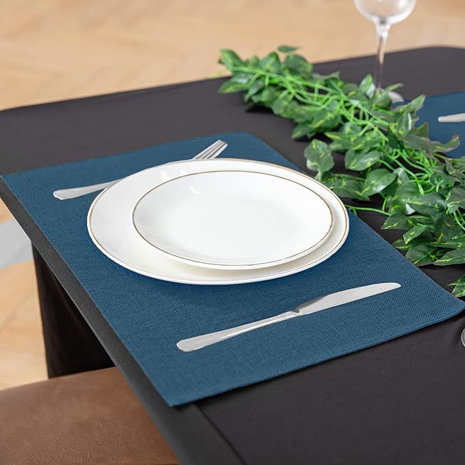 Linen Fabric Placemats Set of 6, Machine Washable, Heat Resistant, Wrinkle Free, Thick Polyester Kitchen Place Mats for Dining Table (Navy Blue)