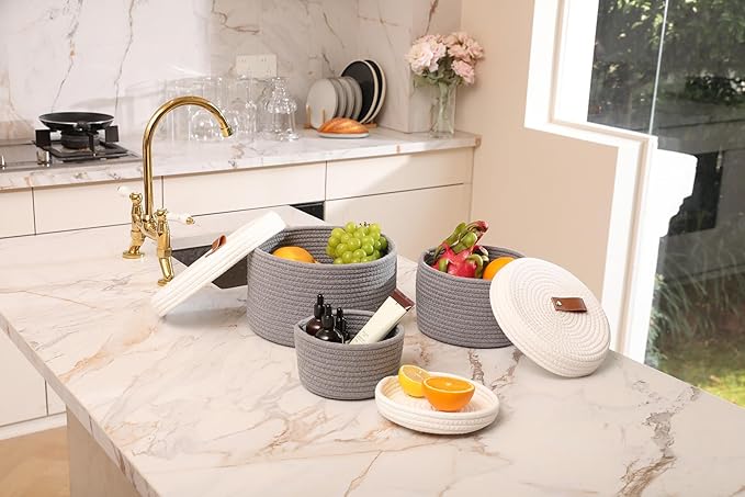 Cottonphant Set of 3 Stylish Round Woven Baskets with Lids - Elegant Storage Solution for Home Decor and Organization - Compact Shelf Baskets (Grey/White Lid, 10"x6"-8"x5"-6"x4")