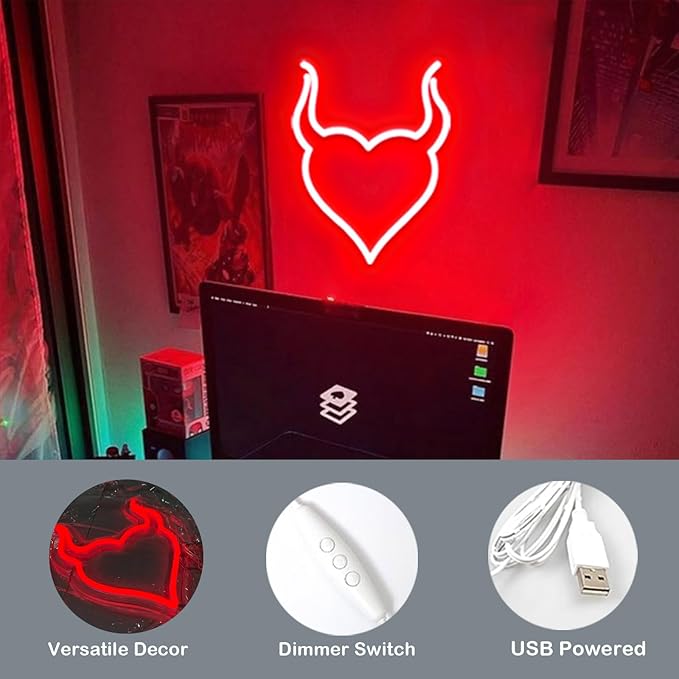 Devil Heart Neon Sign,Red Neon Heart for Bedroom,Halloween USB Powered LED Light Wall Decor,Demon Aesthetic for Party-10" Red