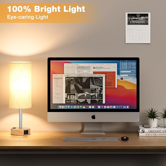 Touch Bedside Table Lamps Set - 3 Way Dimmable Bedroom Lamps Set of 2 with USB C and A Ports, Small Lamps for Nightstand with AC Outlet, Wood Base Round Flaxen Shade for Desk, Office, Dorm, Nursery