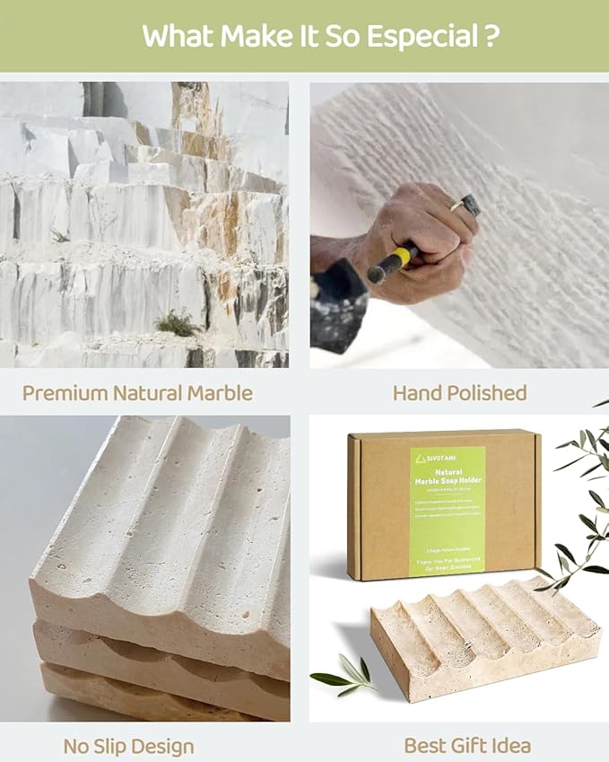 Rustic Marble Soap Holder, Large Rectangle Soap Dishes for Shower & Bathroom with Self-Draining Design