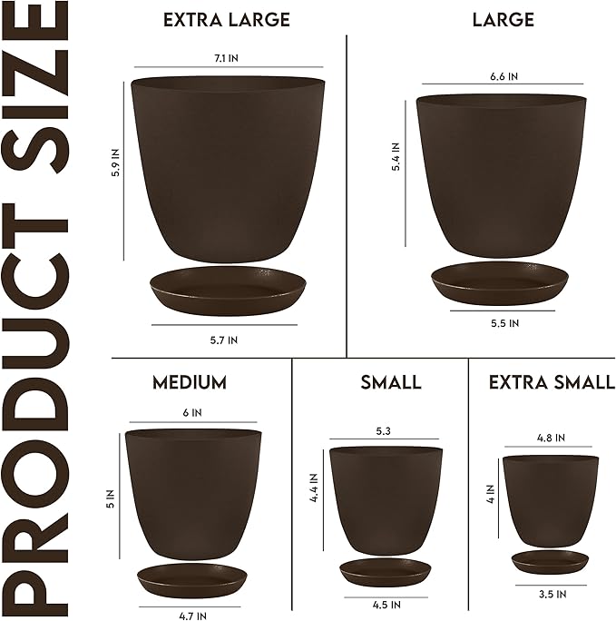 Utopia Home Plastic Planters - Flower Nursery Pots Indoor Modern Decorative Plastic Pots for Plants, Succulents, Flowers, and Cactus (5 Pack, Multisize, Brown)