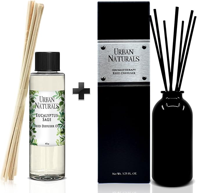 Urban Naturals Eucalyptus SAGE Reed Diffuser Refill, 4 oz, Bundle with Eucalyptus SAGE Reed Diffuser Set - Made with Essential Oils in The USA