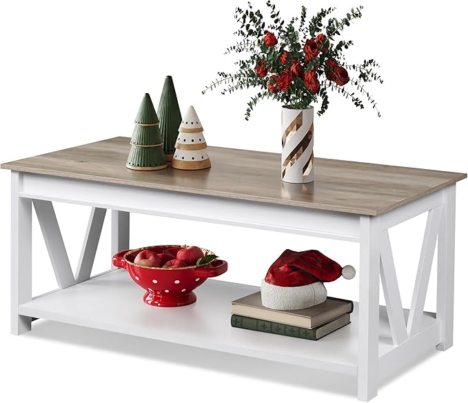 WLIVE Coffee Table, 43" Farmhouse Coffee Table with Storage Shelf & Sturdy V-Shaped Support, Wood Center Table for Living Room, Bedroom, Office and Balcony, White