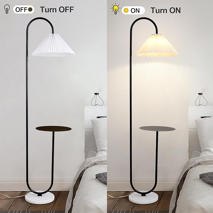 beaysyty Modern Elegant with Tray Floor Lamp for Office Cafe Den Living Room Bedroom, Foot Switch and Black Paint, White Pleated Cloth Lampshade