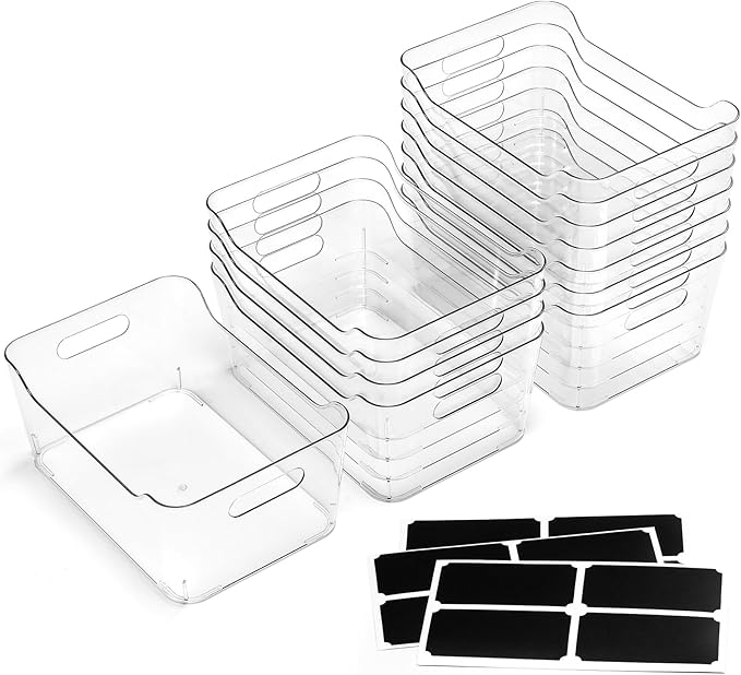 12 PACK Multi-Use Clear Plastic Storage Bins for Organizing w/ Labels - Home, Kitchen, Pantry, Bathroom, Office, Cabinet Shelf Organizer Bins - SOHO Collection, RV, Fridge Organization Containers -XL