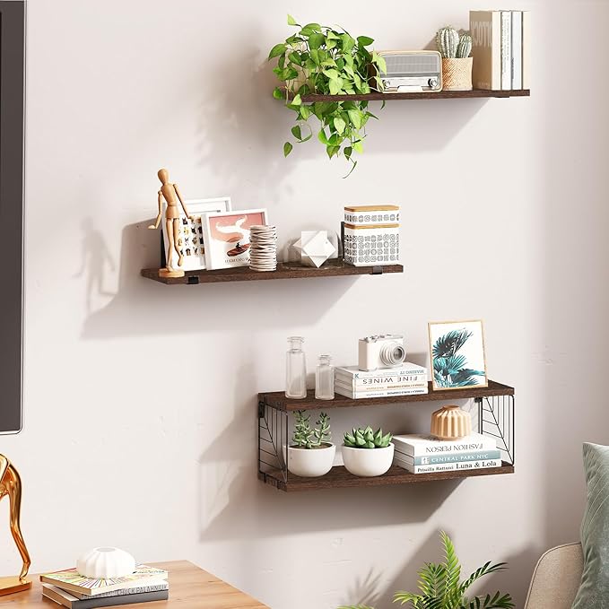 Fixwal 3+1 Tier Bathroom Floating Shelves Over Toilet, 15.8in Farmhouse Rustic Wood Shelves, Wall Decor for Bathroom, Living Room,Bedroom and Kitchen (Dark Brown)