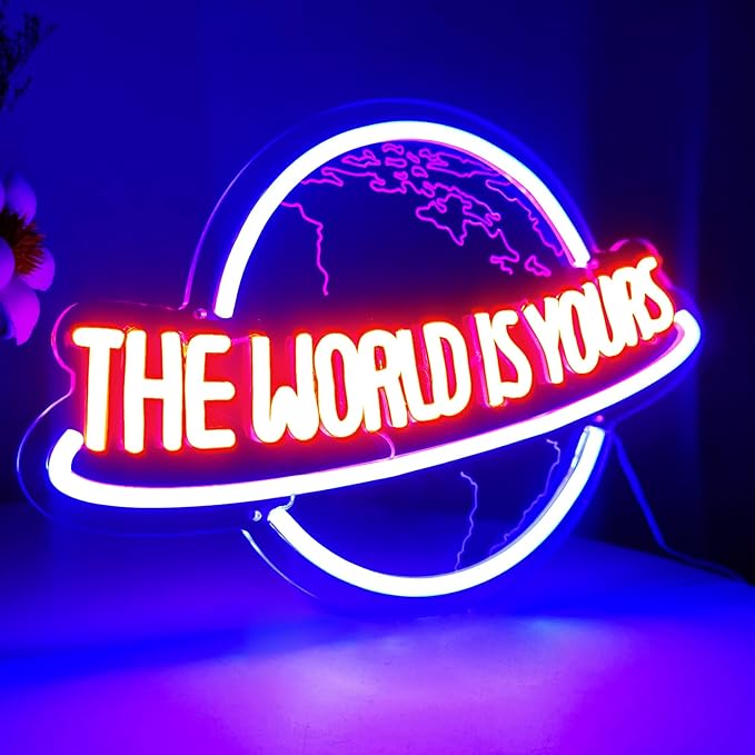 The World is Yours Neon Sign, Remote Dimmer Planet LED Neon Light Lamp for Wall Decor, USB Power for Man Cave Home Bar Bistro Club Cafe Wedding Game Room Bedroom Birthday Gift Graduation Party