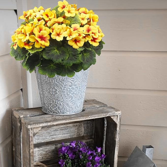 2 Pcs Artificial Geraniums for Outdoor Silk Geranium Flowers Yellow Artificial Geranium Bush Faux Flowers Geraniums Branch for Garden Patio Grave Cemetary Vase Table Centerpiece Indoor Decor