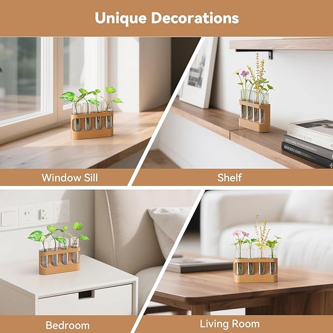 Plant Propagation Station with 4 Glass Test Tubes & Beech Wood Stand, Gardening Gifts for Mom Women Plant Lovers, Hydroponic Vase for Indoor Plants, Desktop Terrarium Decor