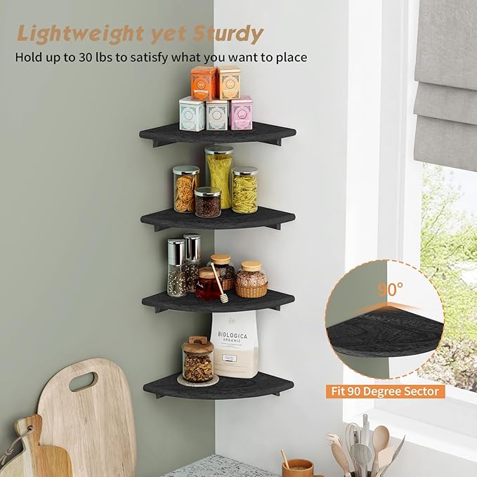 Forbena Black Corner Floating Shelves for Wall Set of 4, Small Rounded Corner Shelves Wall Mount for Bedroom Books, Mini Wood Hanging Corner Shelf for Bathroom Decor, Living Room, Small Spaces
