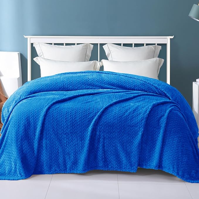 Exclusivo Mezcla Cobalt Blue Fleece Queen Size Blanket for Bed, 90x90 Inches Soft Cozy Jacquard Flannel Blankets, Lightweight Fuzzy Plush Warm for All Seasons