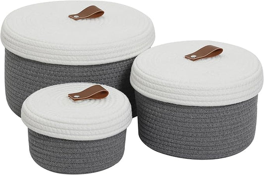 Cottonphant Set of 3 Stylish Round Woven Baskets with Lids - Elegant Storage Solution for Home Decor and Organization - Compact Shelf Baskets (Grey/White Lid, 10"x6"-8"x5"-6"x4")
