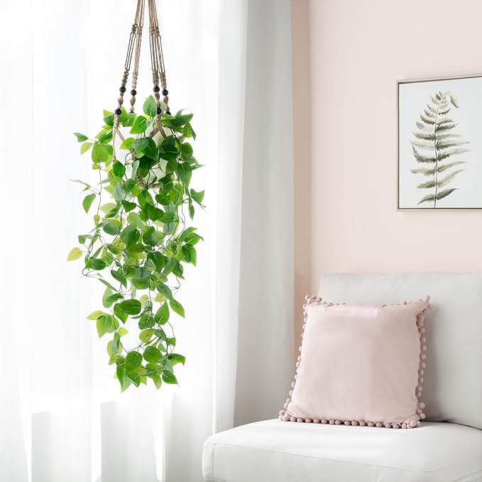 Mkono 2 Packs Fake Hanging Plant with Pot, Artificial Plants for Home Decor Indoor Macrame Plant Hanger with Faux Vine Hanging Planter Greenery for Bedroom Bathroom Office Decor, Brown (Pothos)