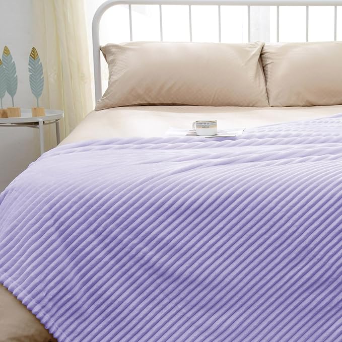 Vessia Flannel Fleece Throw Blanket for Couch,Sofa,Bed, 300GSM Microfiber Light Purple Striped Chair Blanket,Super Soft Warm Cozy Lightweight Ribbed Throw for All-Season
