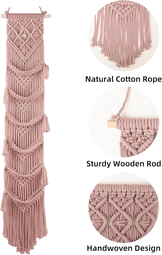 2PCS Macrame Cap Holder Boho Hat Hangers Over Door Decorative Bohemian Handmade Ball Cap Rack Organizer Woven Wall Hanging for Baseball Cap Display Decorations (Rose Pink, Up to 24 Caps)