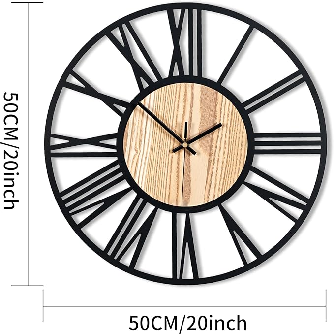 20inch/50cm Large Wall Clock for Bedroom Living Room Battery Operated Metal Decorative Analog Silent Analog Non Ticking Big Clocks Room Wall Decor (Wooden Roman Numerals, 20 inches)