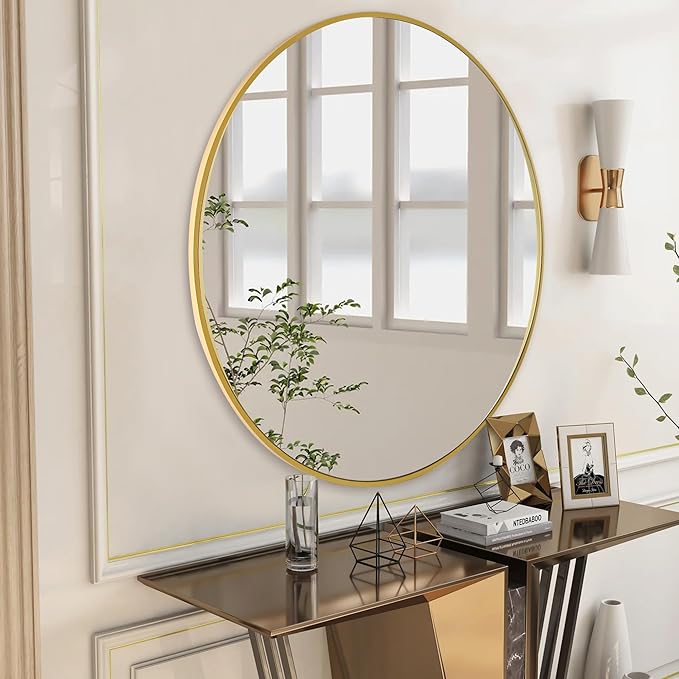 CULER Round Gold Bathroom 30 Inch Mirror,Circle Wall Modern Mirror for Bedroom,Hanging Vanity Tempered Glass Mirrors for Entryway or Living Room