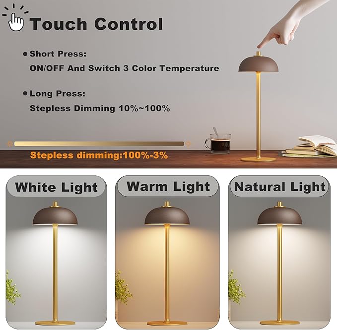 2 Pack LED Cordless Table Lamp Rechargeable,5000mAh Battery Operated Table Lamp, 3 Color Stepless Dimming Metal Table Light with Memory Function for Outdoor, Dinner, Patio, Home.(Brown)