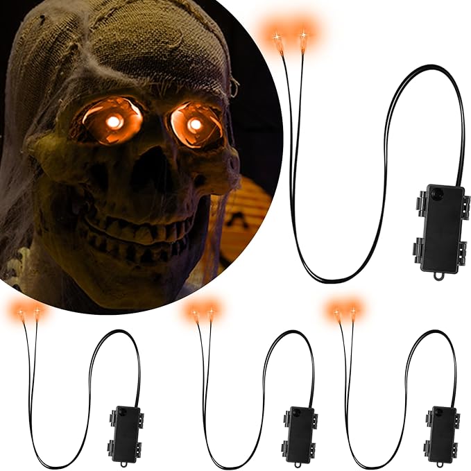 Orange LED Glowing Eyes With Timer & Waterproof, 4 Pcs Light Up Skeleton Eyes, Horror DIY Red for Masks, Pumpkins, Tombstones, and Props (Batteries Not Included)