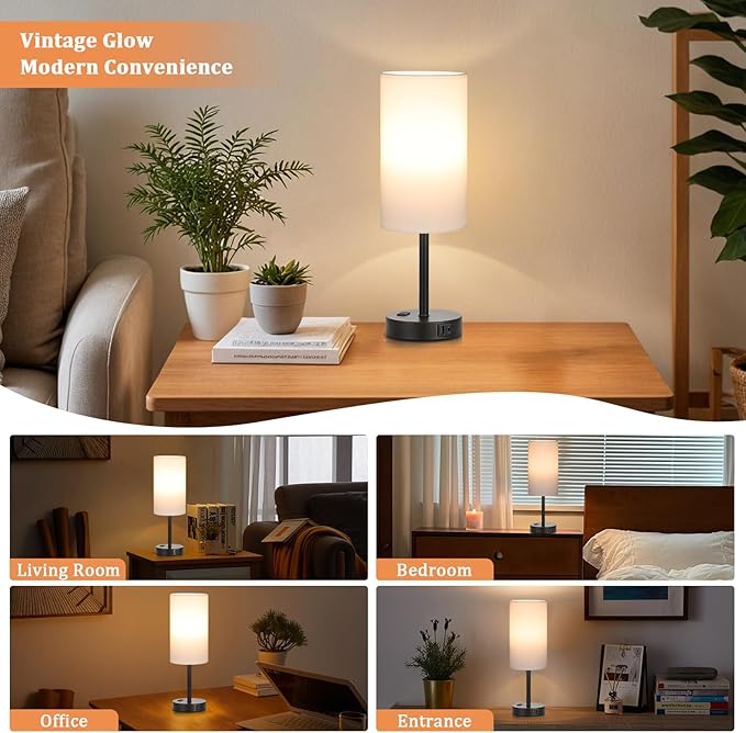 17.4inches Tall White Bedroom Lamps Set of 2-3 Way Dimmable Touch Table Lamps with USB C and A Ports, Lamps for Nightstand with AC Outlet, Desk Lamps with Black Base for Office