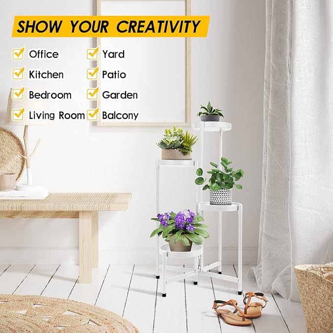 4 Tier Plant Stand Indoor Outdoor, 31 Inch Tall Metal Plant Shelf Waterproof, Plant Holder with Folding Design For Home, Living Room, White