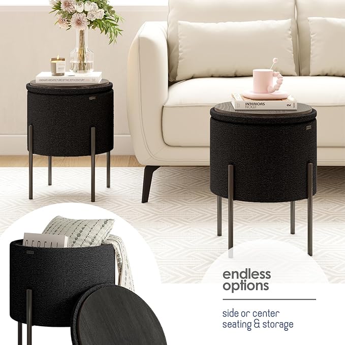 StorageBud Round Ottoman with Storage, Boucle Storage Ottoman, Foot Stool Ottoman, Makeup Vanity Stool, Small Ottoman Foot Rest, Modern Ottomans for Living Room and Bedroom, Black