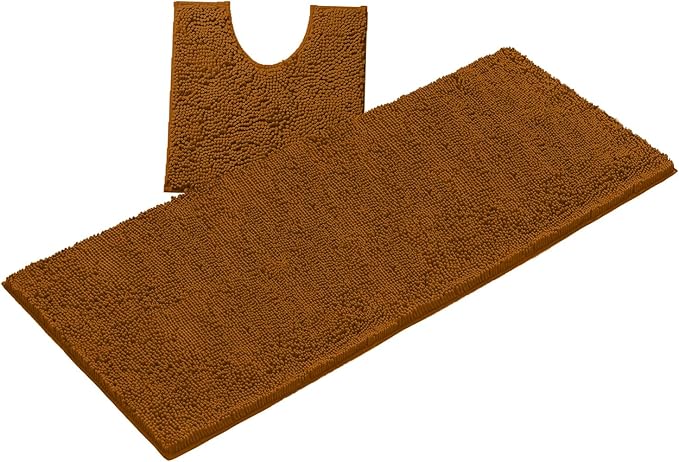 LuxUrux 2-Piece Bathroom Rug Set – Plush Chenille Runner & U-Shaped Toilet Mat, Soft, Absorbent & Non-Slip Design (20x20 U & 27x47 inches, Pumpkin)