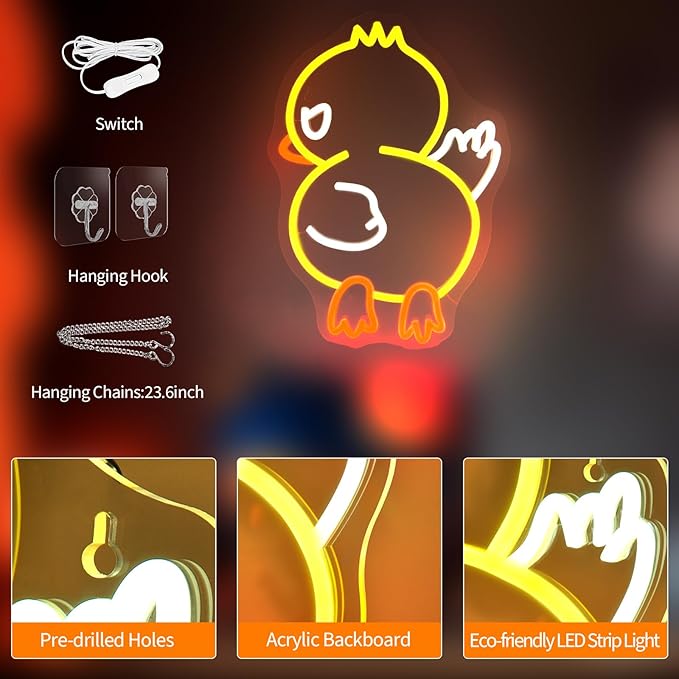 Duck Off Neon Signs for Wall Decor Yellow White LED Light Sign for Preppy Room Decor Light Up Sign for Birthday Party Decoration USB Powered