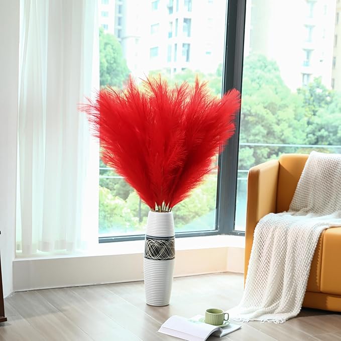 Red Pampas Grass Decor - 45-Inch Set of 8 | Artificial Large Pampas Grass Soft and Fluffy | Long Faux Flower | Perfect for Wedding Centerpieces, Farmhouse, Living Room Decor