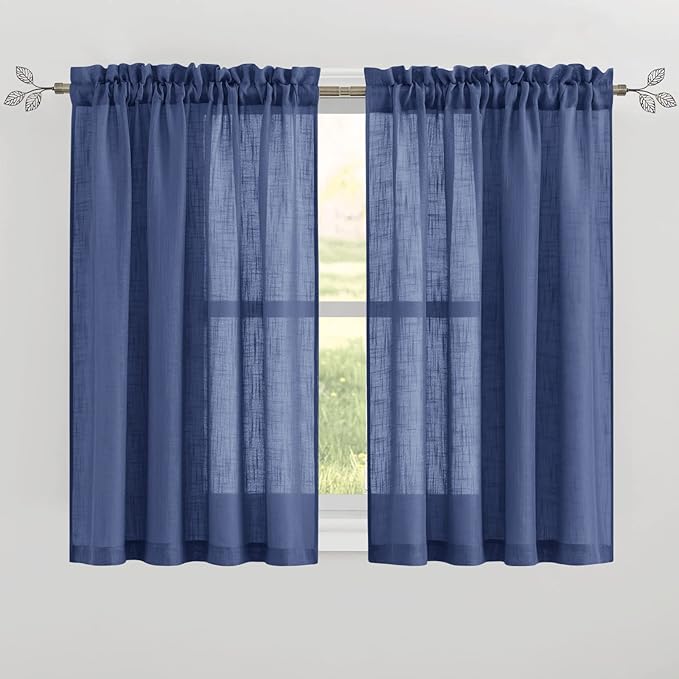 RYB Home Linen Sheer Curtains - Linen Textured Wave Semi Sheer Curtains Light & Airy for Bedroom Bathroom Kitchen Window Decor, Navy Blue, Wide 52 x Length 45 inch, 2 Panels