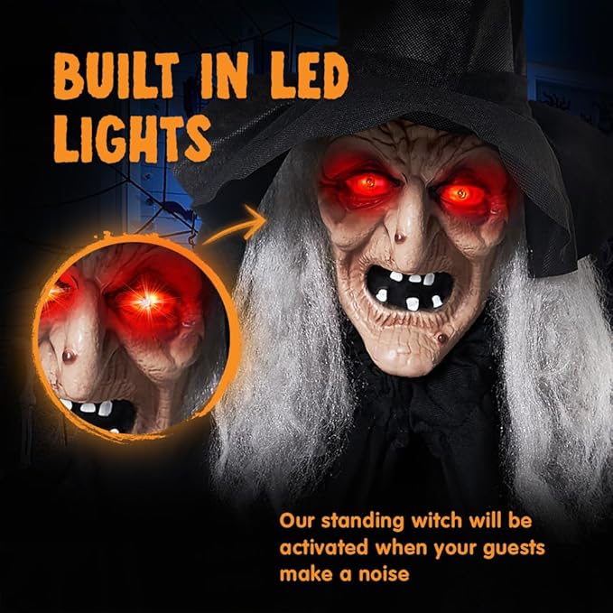 JOYIN 72" Outdoor Halloween Decorations Animatronics Witch with Cane, Life Size Animated Ghost Haunted House Prop Décor with Creepy Sound and Light-up Eyes, Party Supplies