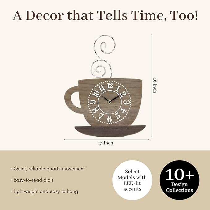 Young's Inc Coffee Wall Clock, Cup Clock with Twist Metal Design, Wood Wall Clock for Kitchen, Bedroom, Kid’s Room, Coffee Kitchen Décor (15.5-inch H)