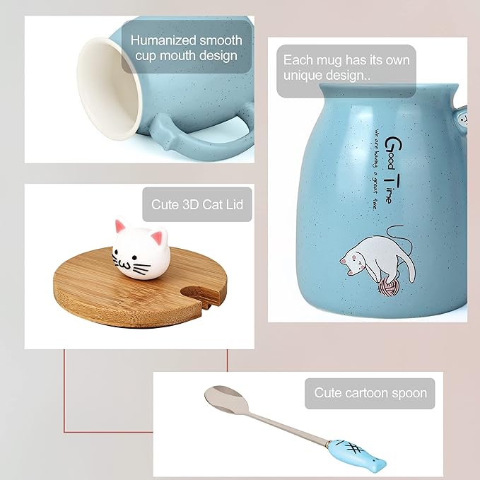 SHENDONG Cute Cat Mug Cat Cup Novelty Cat Mugs Cat Gifts for Cat Lovers Women Girl Kids Morning Office Cute Cat Cup Coffee Cup with Kawaii Kitty Lid and Spoon Japanese style Blue 15OZ