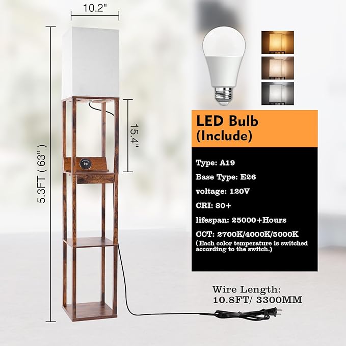 RUNTOP Floor Lamp with Shelves, Shelf Floor Lamp with Wireless Charger & 2 Charging USB Ports & Drawer, AC Outlet, 3 Color Temperature Tall Standing Lamp with Bulb for Living Room, Bedroom, Office