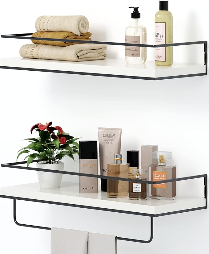 Shario White Floating Shelves - Set of 2, Wall Mounted Hanging Shelves with Black Towel Rack, Decorative Storage Shelves for Bathroom, Kitchen, Living Room & Bedroom (Modern White)