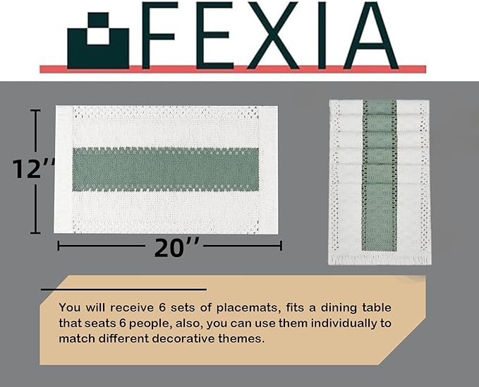 FEXIA Sage Green Boho Placemats Set of 6, Macrame Table Decor and Farmhouse Style Placemats Natural Cotton Burlap, for Dining Table