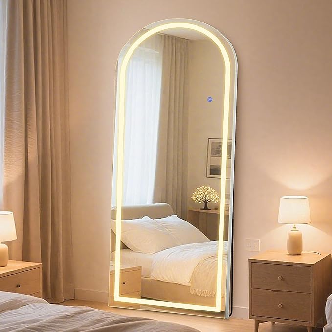 Sweetcrispy 71"x26" Arched Mirror Full Length with LED Lights and Stand, Lighted Full Body Wall Mounted Mirror for Bedroom, Living Room, White