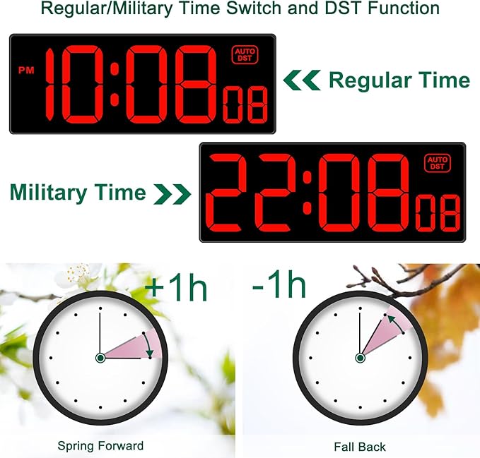 Soobest LED Digital Wall Clock, Large Digital Clock Bold Numbers with Seconds for Seniors Visually Impaired๏ผPlug Electric Clock Dimmable Auto DST Large Display 10 Inches (Red)