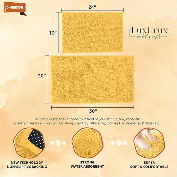 LuxUrux 2 piece Bathroom Rug Set - Premium Plush Bath Mat Shower Rugs, 1" Chenille Microfiber, Non-Slip & Absorbent, Soft & Cozy, Durable Stylish (20x30 & 16x24 inches, Yellow)