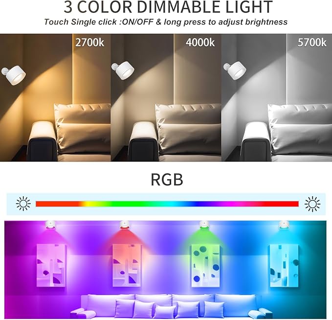 Adetu LED Wall Sconces 2 Pcs with Remote, Wall Mounted Lights Rechargeable Battery Operated, 3 Color Temperatures & Dimmable Wall Lamp Magnetic 360° Rotation Wireless Light for Reading Bedside