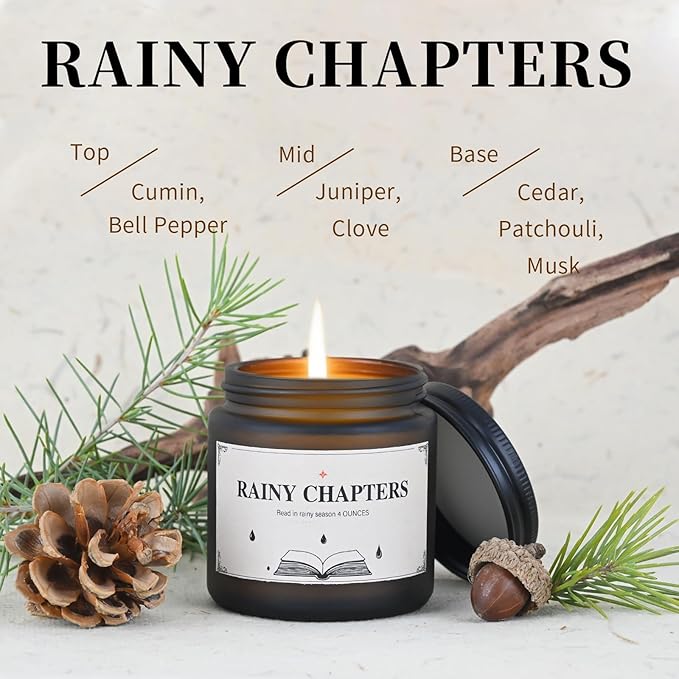 Rainy Chapters Scented Jar Candle - 100% Soy Wax Aromatherapy Candle with Juniper & Cedar Notes, Long-Lasting Fragrance for Home, Relaxation Romantic Ambience (4oz, 20-Hour Burn Time)