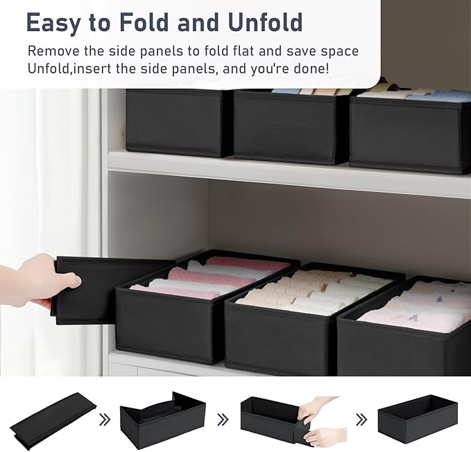 DIMJ Drawer Organizer Clothes - Underwear Organizer Sock Closet Organizers and Storage Box Dresser Organizer, Drawer Dividers for Baby Clothes, Bra, Socks, Belt, Tie, Set of 9, Black