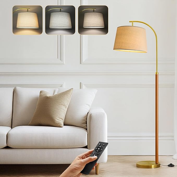 62.5" Gold Floor Lamp for Living Room Dimmable Standing Lamp with Remote & Foot Switch, 3 Color Temperatures Arc Tall Lamp Wood Mid Century Modern Floor Lamps for Bedroom Office, 9W Bulb Included