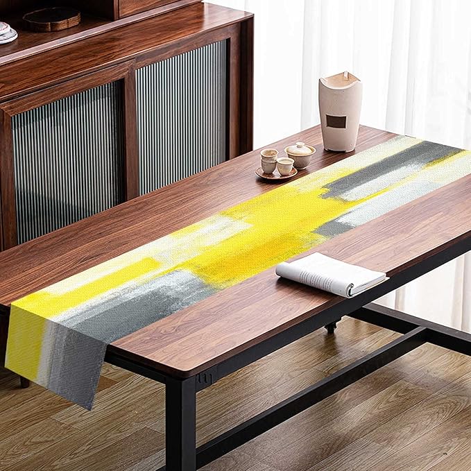 Mcalk Yellow Table Runner and Placemats Set of 6 Pieces, Grey Placemats Modern Art,Abstract Art Cloth Place Mats Indoor for Kitchen,Washable Placemats Linen Material for Dining Table
