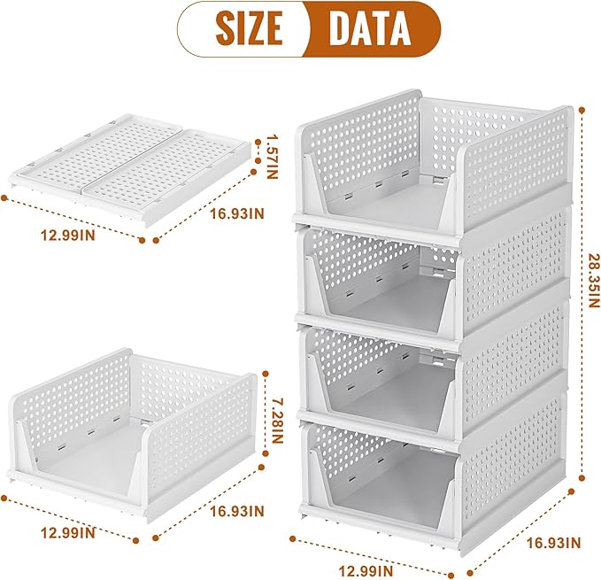 Neprock Stackable Plastic Storage Drawers for Closet Organizers and Storage,4 Pack Open Storage Bins Closet Shelf Clothes Organizer for Closet Wardrobe(4L)