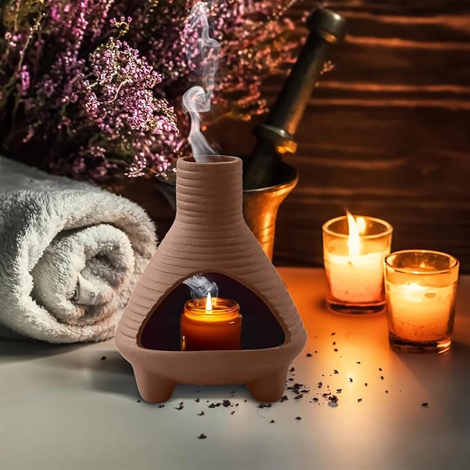 Palo Santo Holder Handmade Ceramics Incense Burner Chimney Dish Smudge Bowl for Palo Santo Sticks Sage Bundles with Brush(Brown) (Aroma Diffuser Red)