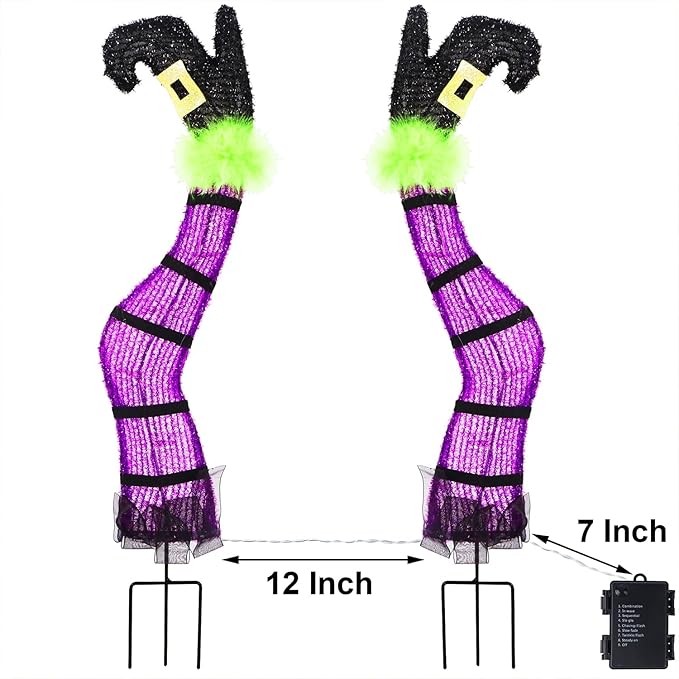Juegoal Set of 2 Halloween Lighted Wicked Purple Witch Legs with Stakes, 22" Light Up Tinsel Halloween Yard Sign Prop Timer & 8 Modes, Battery Operated for Outdoor Party Haunted House Garden Decor