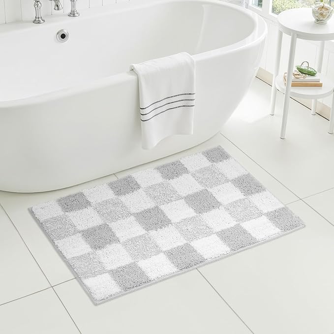 GRANNY SAYS Checkered Grey Bathroom Rugs, 32" x 20", Non-Slip Bath Mats for Bathroom, Plush Shag Absorbent Microfiber Ultra Soft Bath Mat, Cute Washable Rug for Tub, Shower, Bedroom